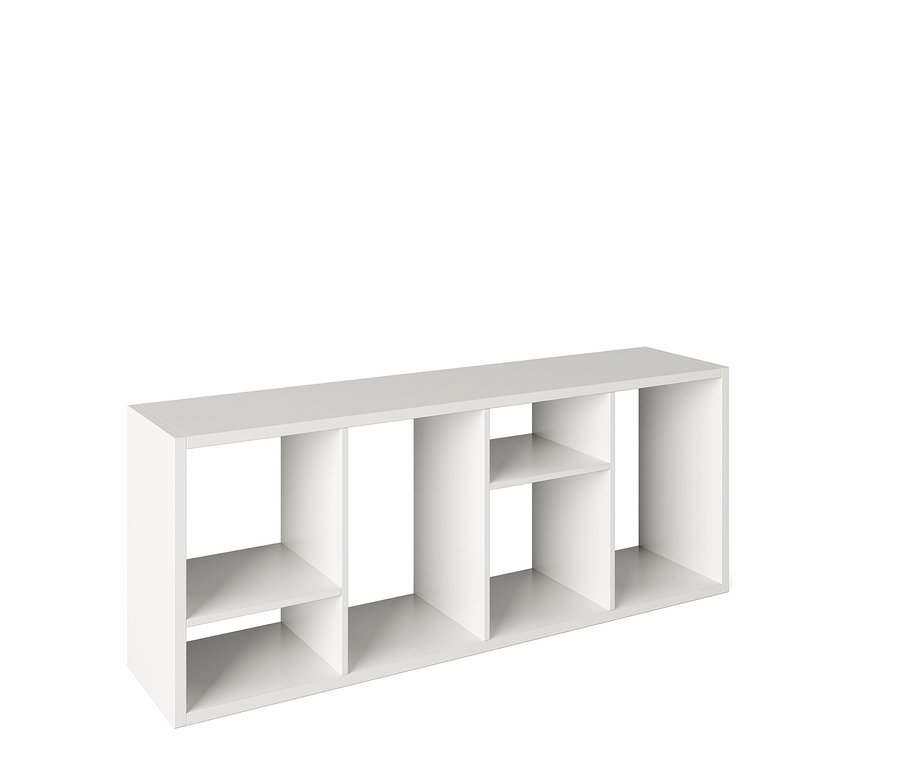 Weißes Regal mit sechs Fächern unterschiedlicher Größe.