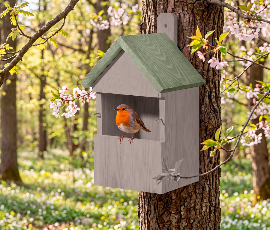 Ein Rotkehlchen mit oranger Brust sitzt in einem hellgrauen Vogelhaus mit grünem Dach, das an einem Baumstamm in einem blühenden Frühlingswald befestigt ist.