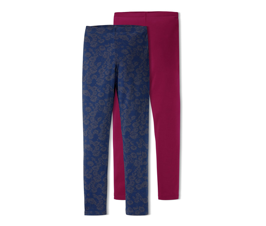Zwei Leggings, eine dunkelblau mit Blumenmuster und eine bordeauxrot.