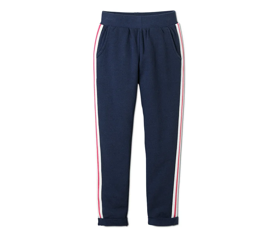 Marineblaue Sweathose mit rosa-weißen Streifen an den Seiten.