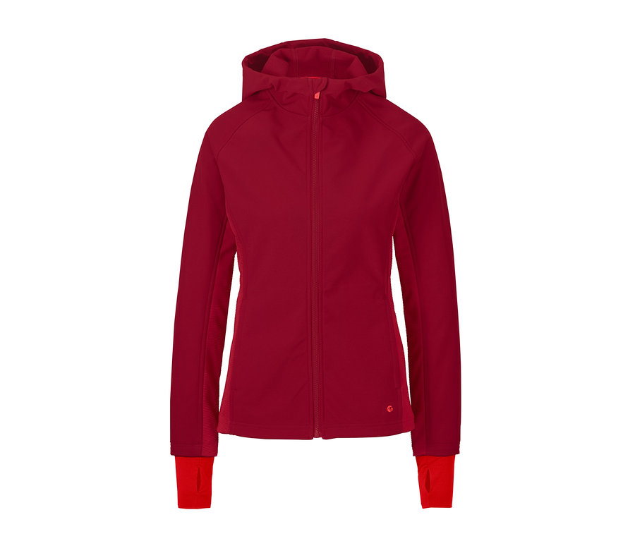 Eine rote Hybrid-Softshelljacke mit Reißverschluss und Kapuze.