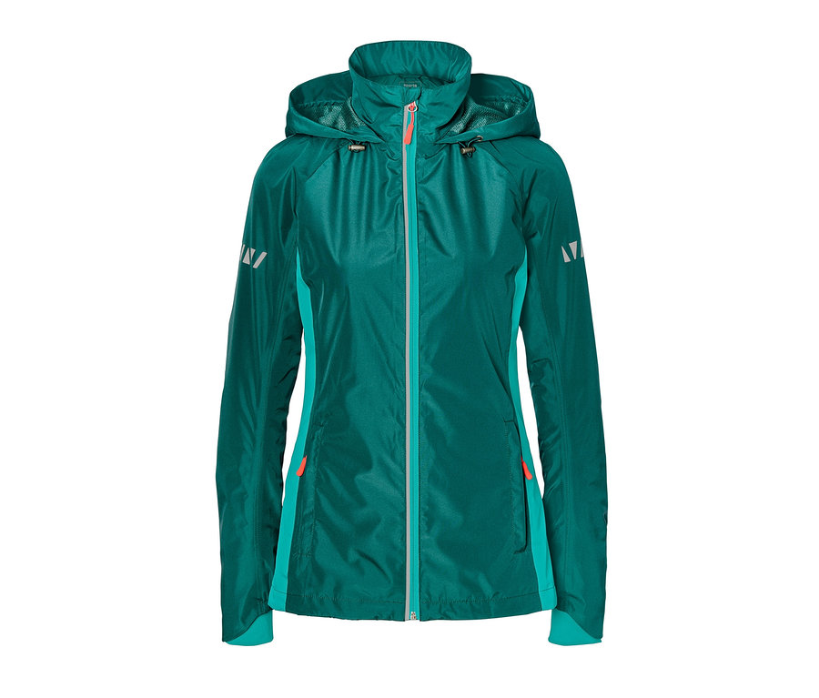 Grüne Velo-Regenjacke.