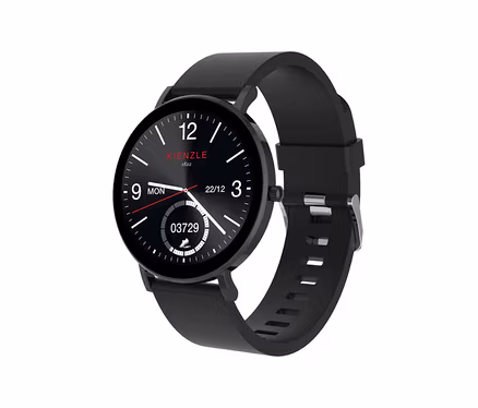 Nahaufnahme der schwarzen Kienzle »Active Smart Slim« Uhr mit Ziffernblatt, das die Zeit und andere Daten anzeigt.