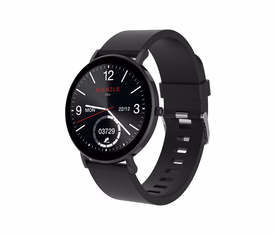Nahaufnahme der schwarzen Kienzle »Active Smart Slim« Uhr mit Ziffernblatt, das die Zeit und andere Daten anzeigt.