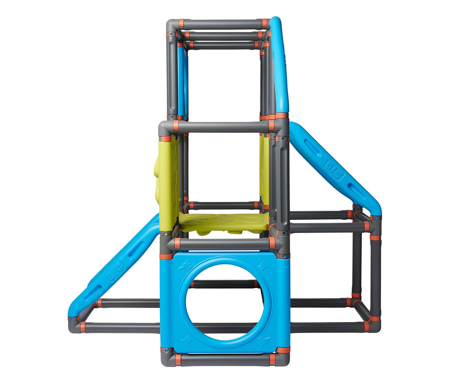 BIG Klettergerüst Kraxxl »The Frame«, ein farbenfrohes Klettergerüst mit grauen Rohren, orangefarbenen Verbindern, blauen und lindgrünen Elementen, darunter Rutschen und eine Krabbelöffnung.