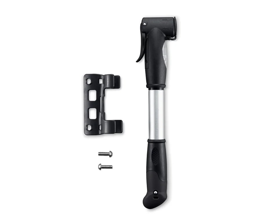 Eine schwarz-silberne 2-Wege-Minipumpe mit Montagehalterung und zwei Schrauben.