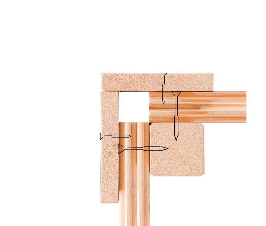 Detail einer Ecke einer Holzkonstruktion mit angedeuteten Schrauben.