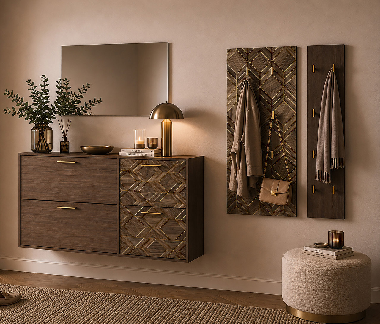 Moderner Eingangsbereich mit wandmontiertem Schuhschrank »Glenn« (2 Klappen), Spiegel und zwei Garderobenpaneelen. Schrank mit Deko. An den Paneelen hängen beige Jacke, Handtasche, Schal. Rechts: runder Hocker mit Büchern und Kerze.