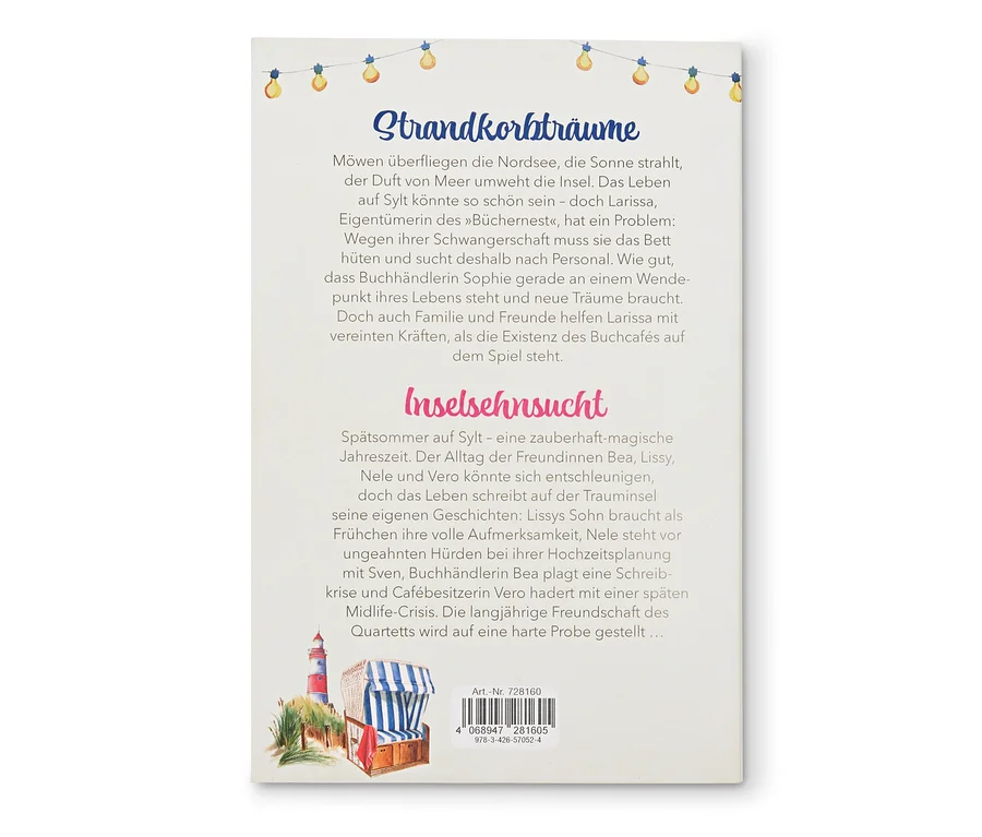 Buchcover mit Text und einer Illustration eines Strandkorbs am Meer.