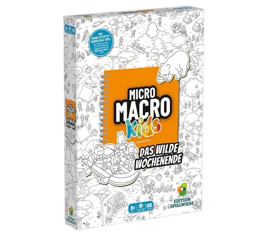 Verpackung des Spiels "MicroMacro Kids: Der verrückte Stadtpark" mit weißem Hintergrund und schwarz-weißen Wimmelbild-Illustrationen. Ein orangefarbenes Notizbuch-Design zeigt den Titel "MicroMacro Kids: Das Wilde Wochenende" und einen weißen Bären.