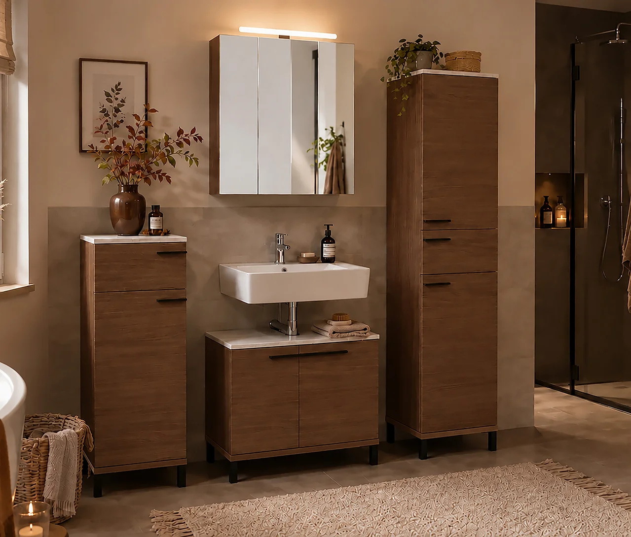 Modernes Badezimmer mit weißem Waschbecken über einem braunen Waschbeckenunterschrank »Ston«. Links ein hoher Schrank mit Vase und Bild, rechts ein passender Hochschrank neben der Dusche. Heller Teppich am Boden.