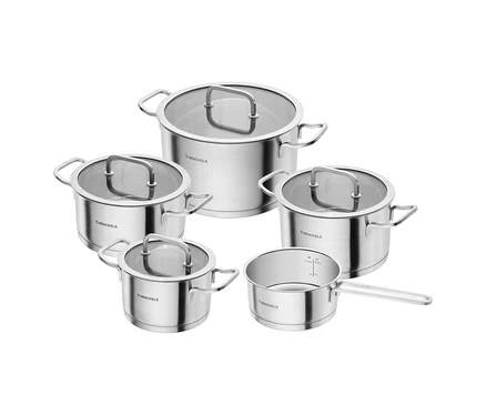 Fünfteiliges Henckels by ZWILLING »Pulse« Kochgeschirrset aus Edelstahl, bestehend aus vier Töpfen mit Glasdeckeln und einem Stieltopf.