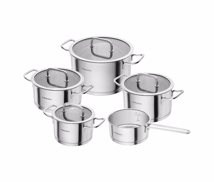 Fünfteiliges Henckels by ZWILLING »Pulse« Kochgeschirrset aus Edelstahl, bestehend aus vier Töpfen mit Glasdeckeln und einem Stieltopf.