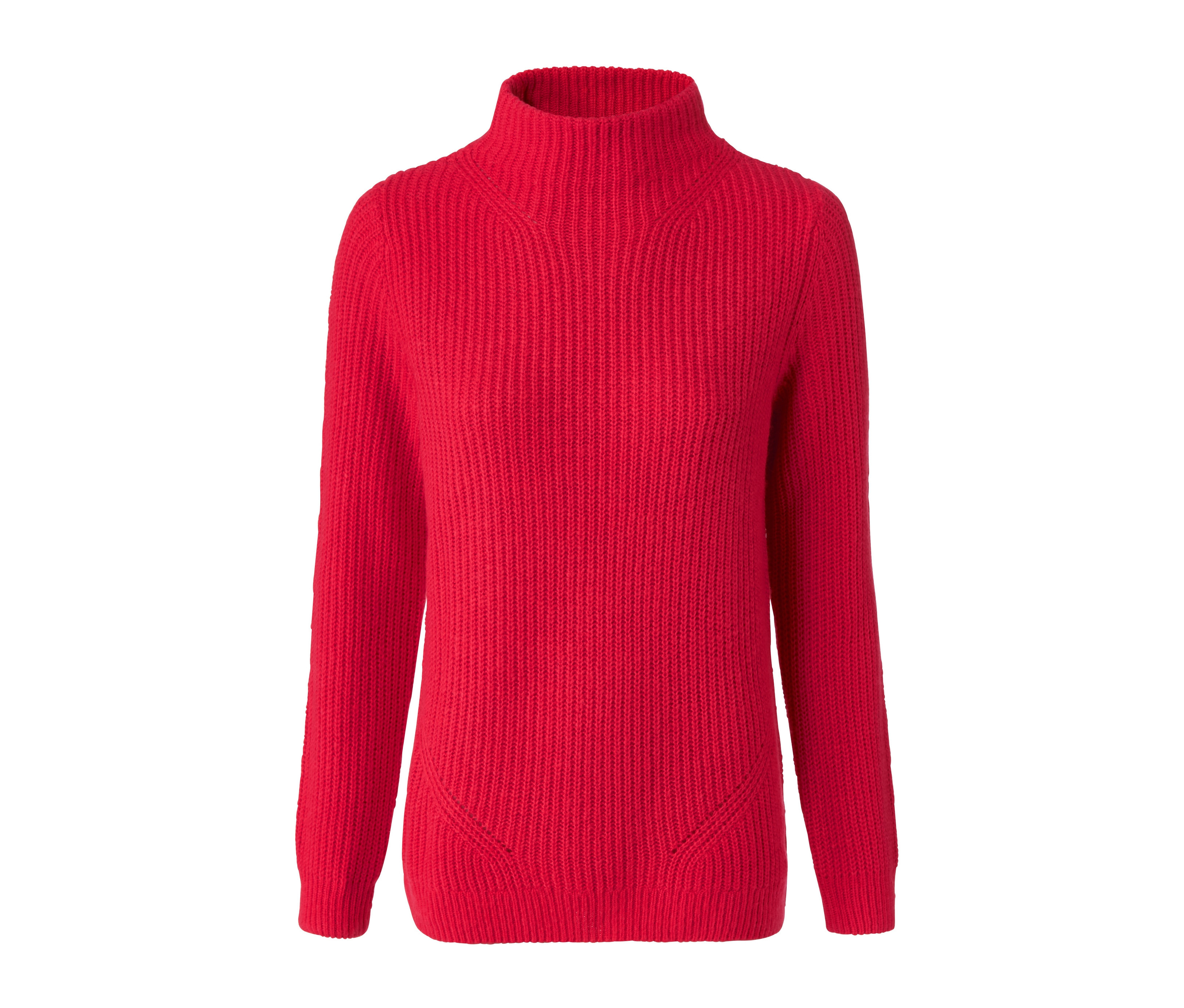 Roter Strickpullover mit Stehkragen.