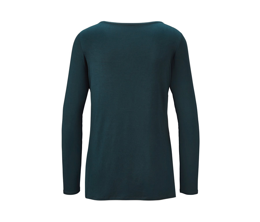 Dunkelgrünes Shirt mit langen Ärmeln und Wasserfall-Ausschnitt.