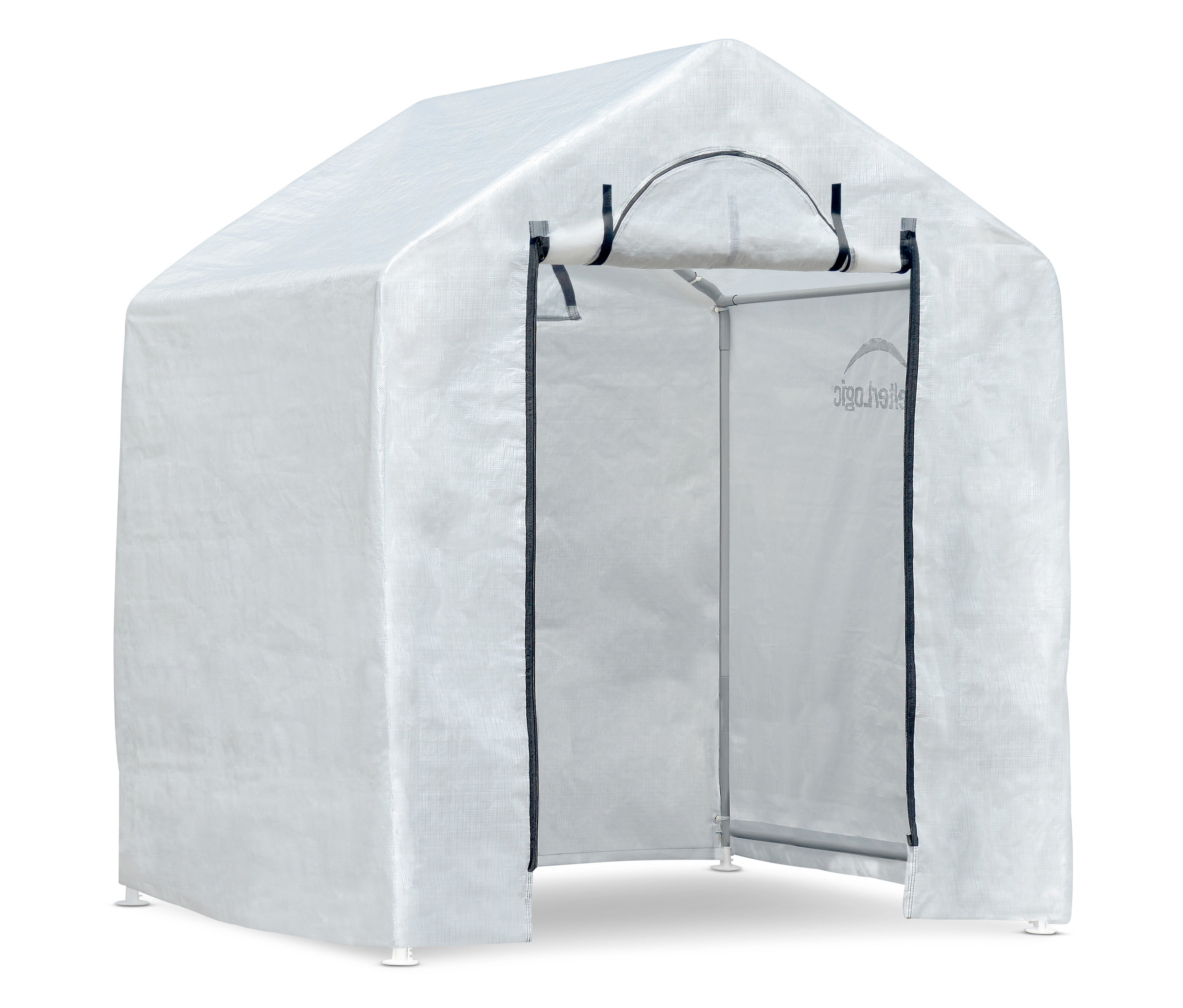 Weißes ShelterLogic-Folien-Gewächshaus mit offener Tür.