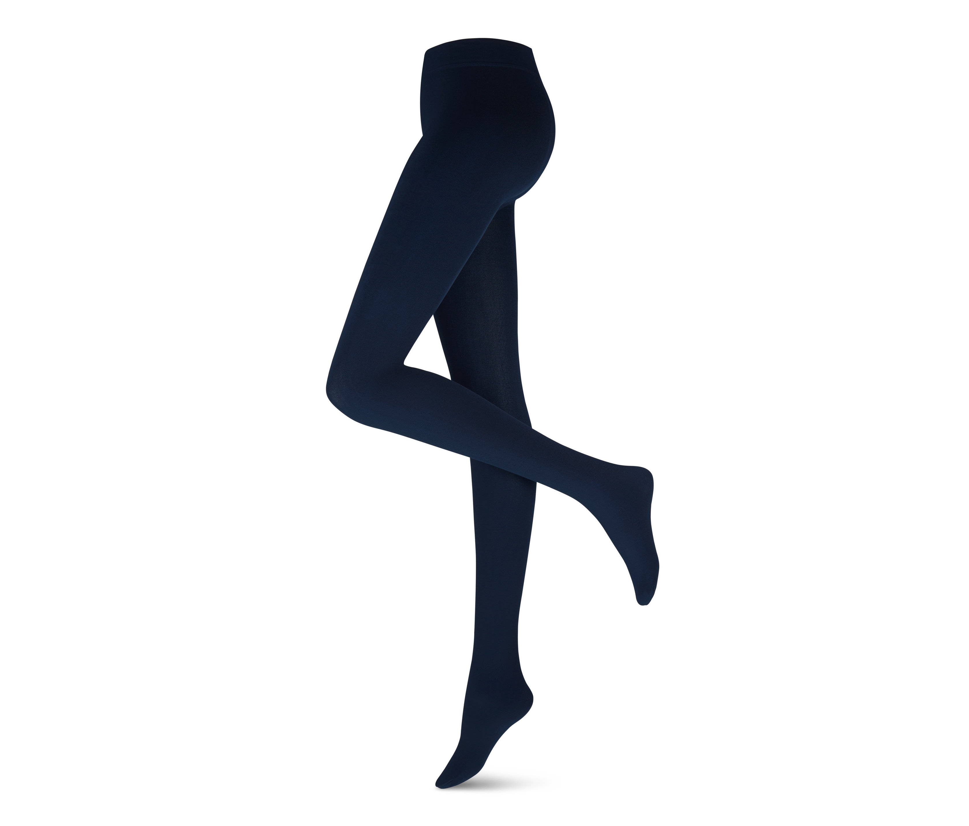 Beine einer Frau tragen dunkelblaue Thermostrumpfhosen vor einem weißen Hintergrund.