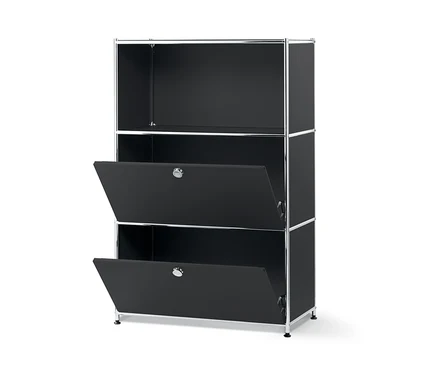 Schwarzes Metallregal mit zwei Klappenfächern, von denen zwei geöffnet sind.