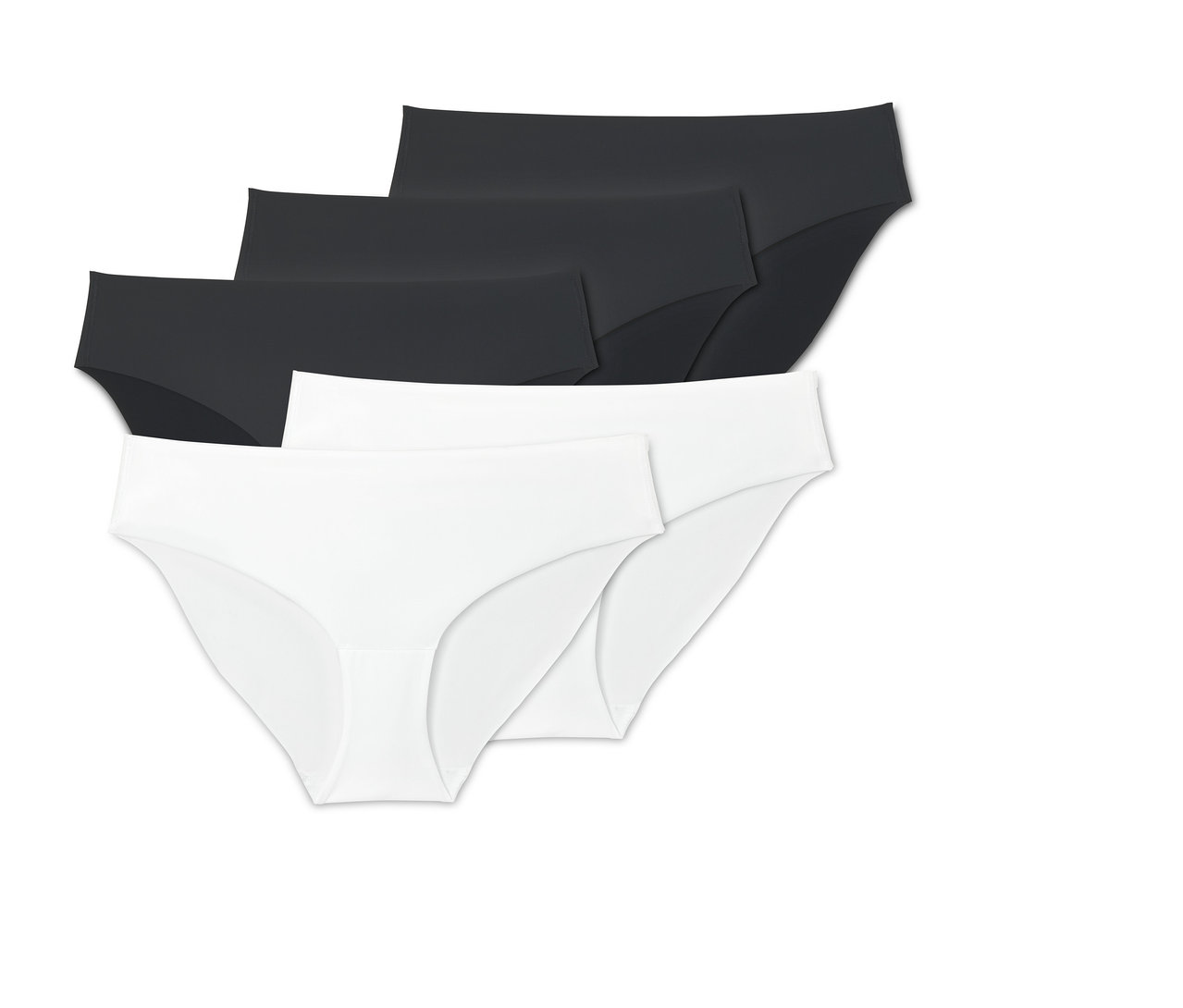 Fünf Magic-Cut-Slips in Schwarz und Weiss auf weissem Hintergrund.