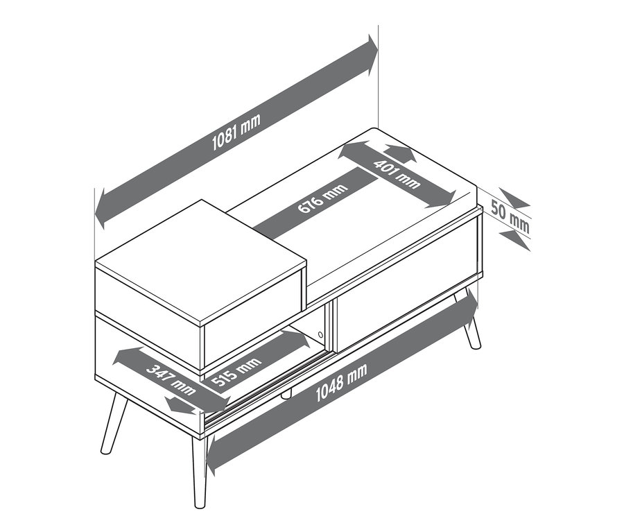 Abbildung einer Sitzbank mit Schuhfach mit den dazugehörigen Maßen.