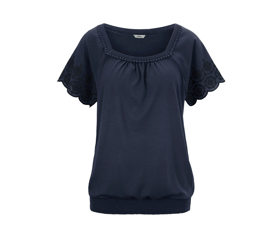 Marineblaues Shirt mit Lochstickerei und kurzen Ärmeln.