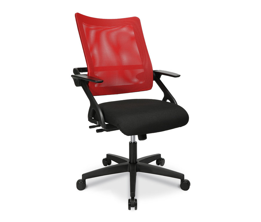 Ein »New S'Move« Bürostuhl mit schwarzem Sitz und roter Rückenlehne.