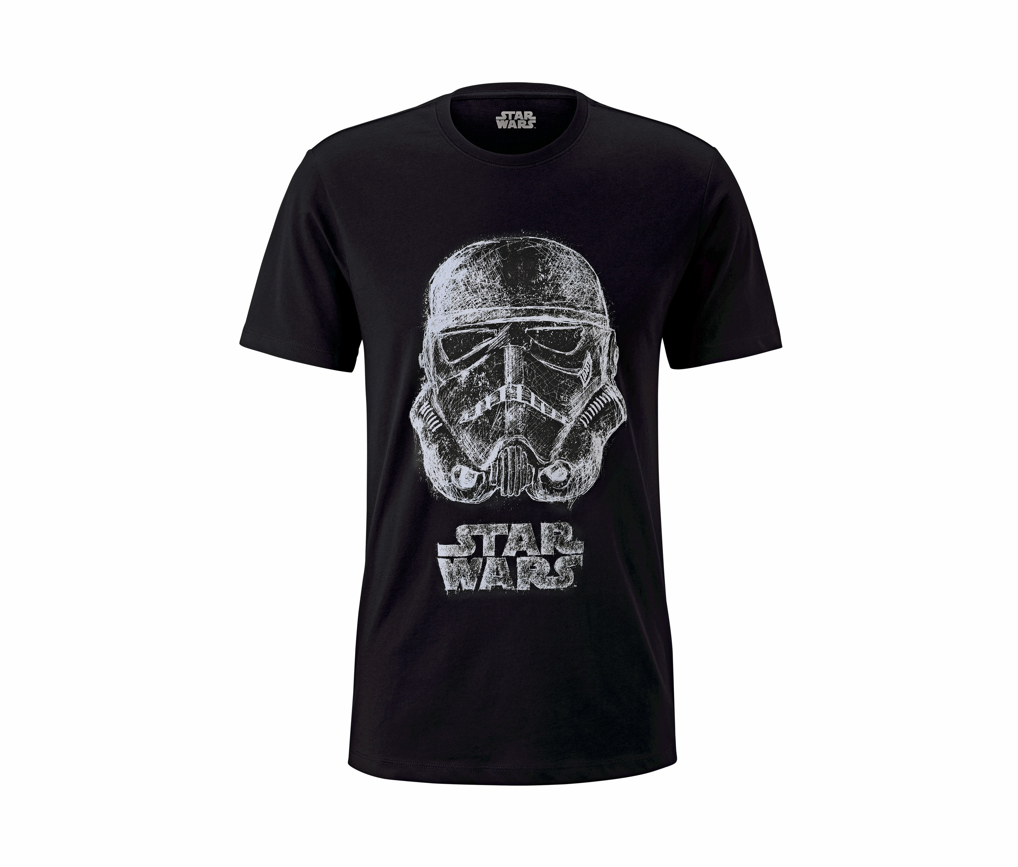 Schwarzes T-Shirt »Star Wars« mit Stormtrooper-Helm Aufdruck.