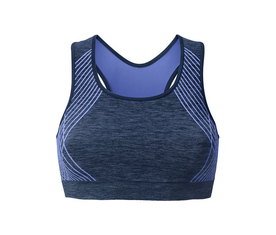 Detailansicht eines Sport-Bustiers mit blauen Streifen.