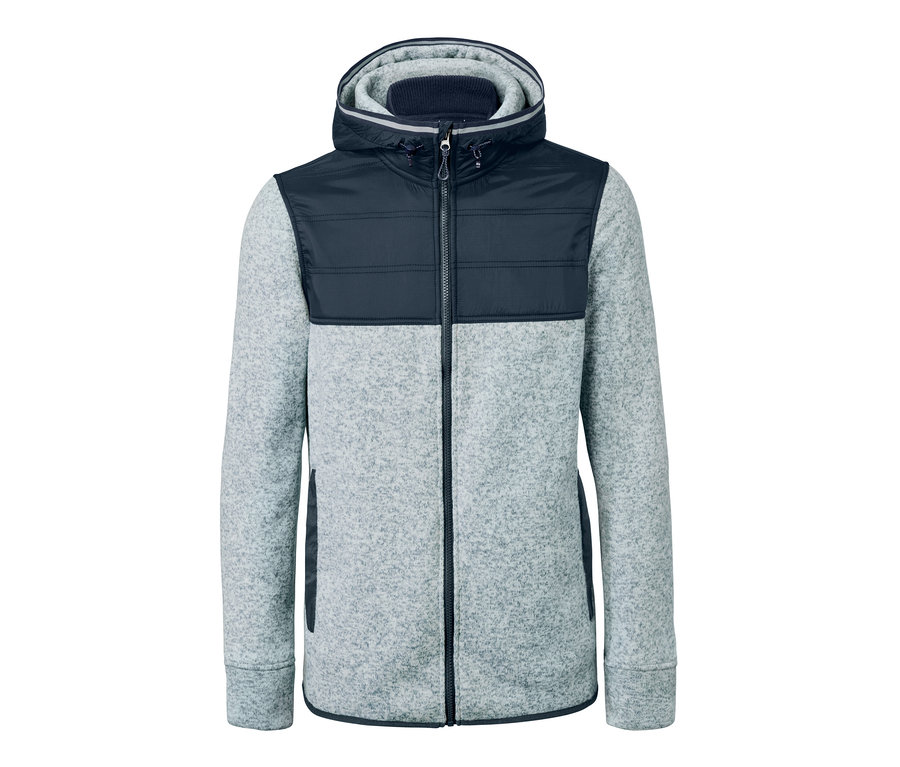 Graue Strickfleece-Jacke mit marineblauen Einsätzen und Kapuze.