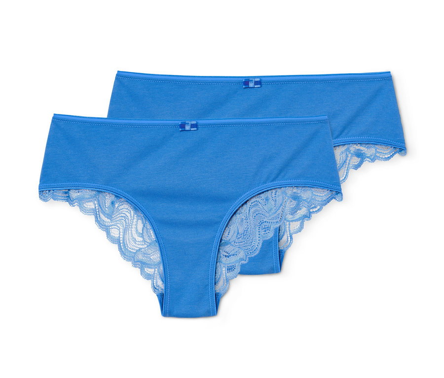 Zwei blaue Brazilslips mit Spitze.