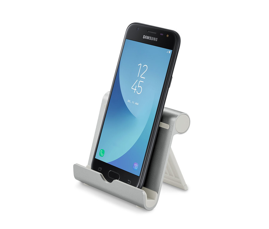 Schwarzes Smartphone in einer grauen Smartphone- und Tablet-Halterung.