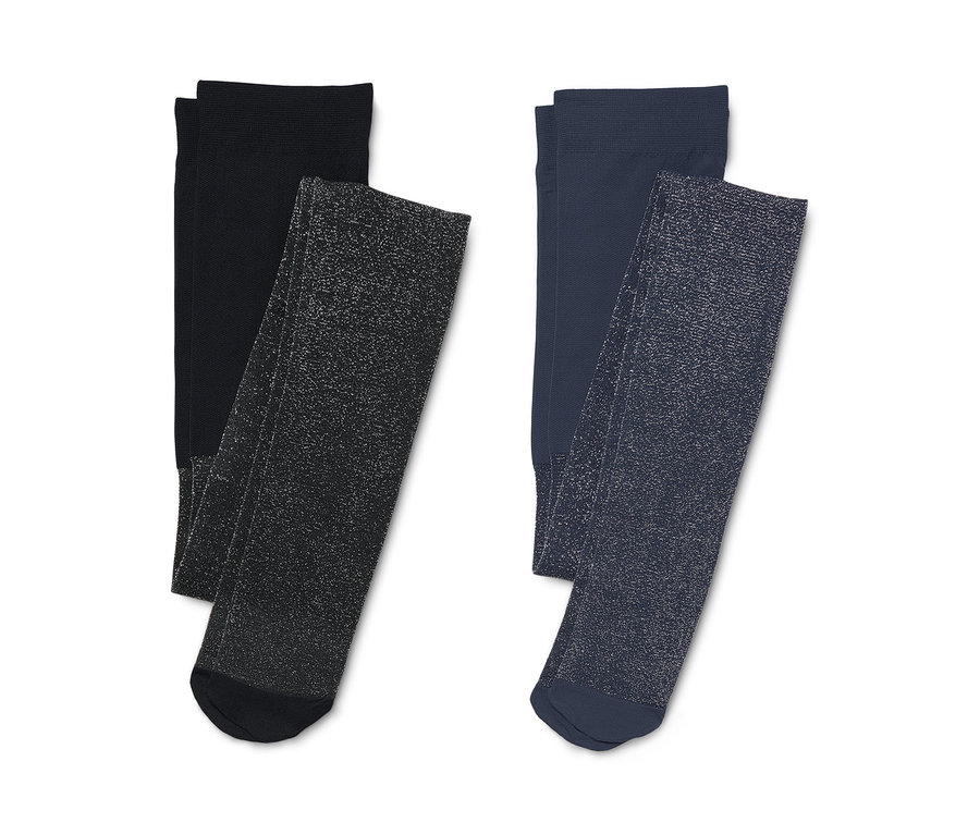 Zwei Glitzerstrumpfhosen, eine schwarz, eine blau.