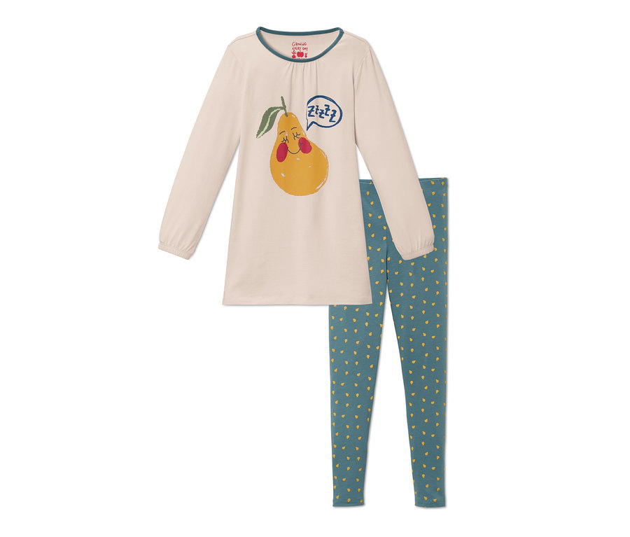 Beiger Pyjama mit Birne und blauen Hosen mit Birnenmuster.