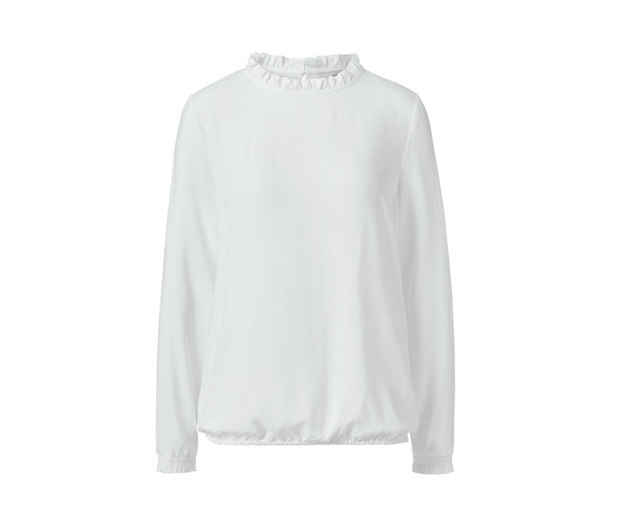 Weiße Bluse mit langen Ärmeln und Rüschen am Hals.