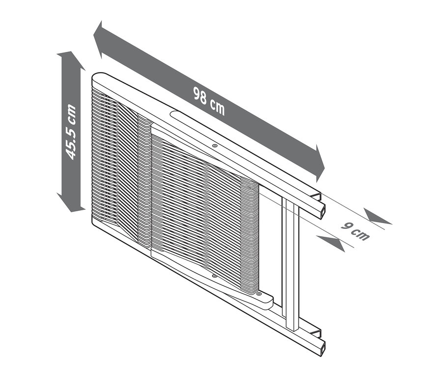 Illustration eines zusammengeklappten »Lenja« Stuhls mit Textilgeflecht und den Abmessungen 45,5 cm, 98 cm und 9 cm.