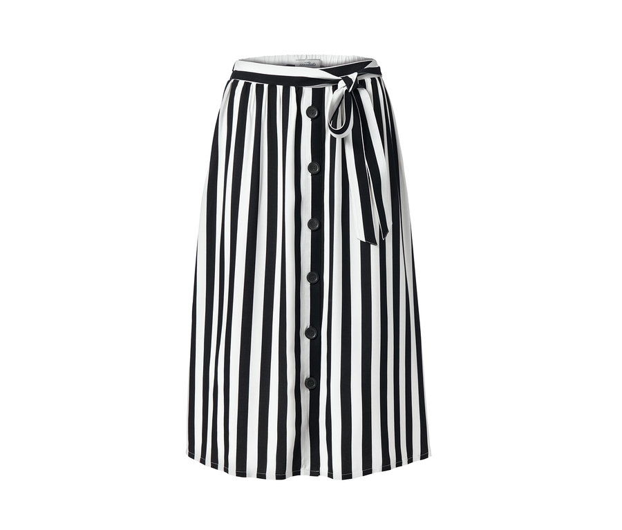 Gestreifter Webrock mit Knöpfen und Bindeband in der Taille.