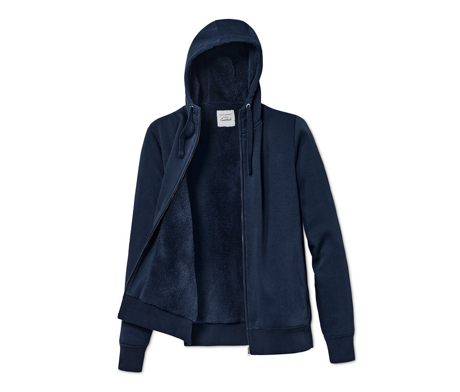 Offene marineblaue Kapuzen-Sweatjacke mit Teddyplüsch-Futter und Reißverschluss.