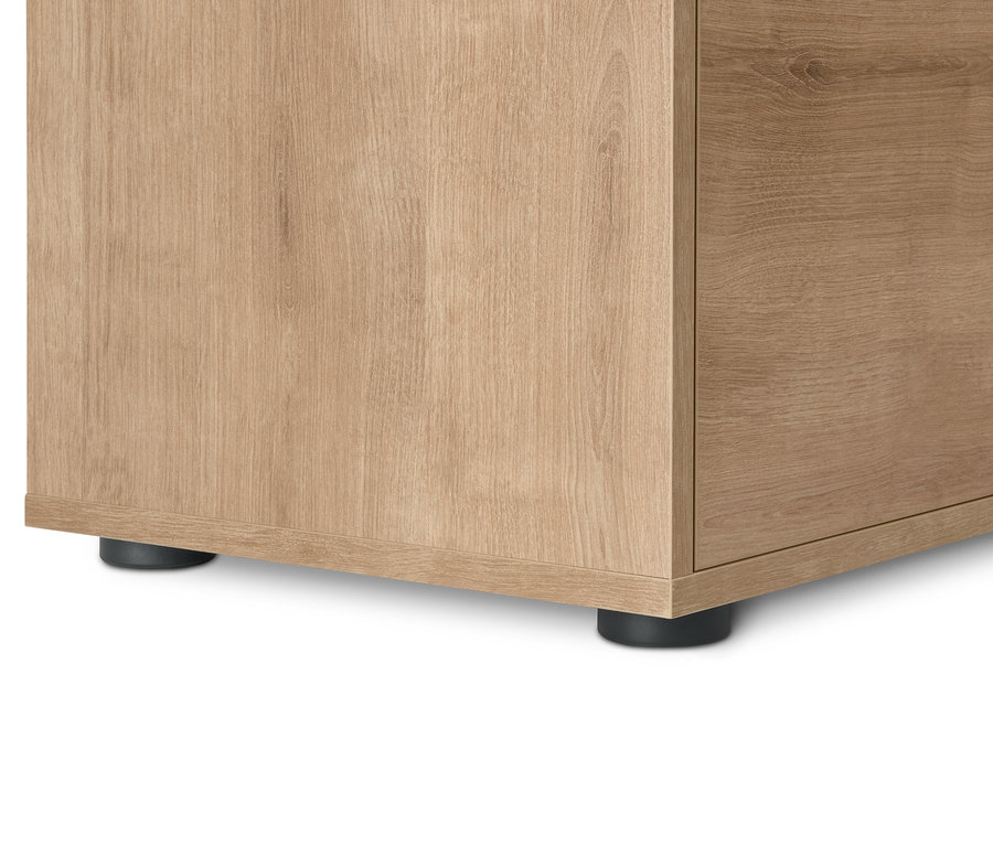 Detailansicht einer Ecke des Regalmoduls Flemming in Eiche.