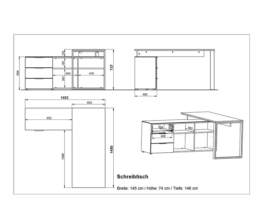 Technische Zeichnung einer Eckschreibtischkombination »Ancona« mit Maßangaben.