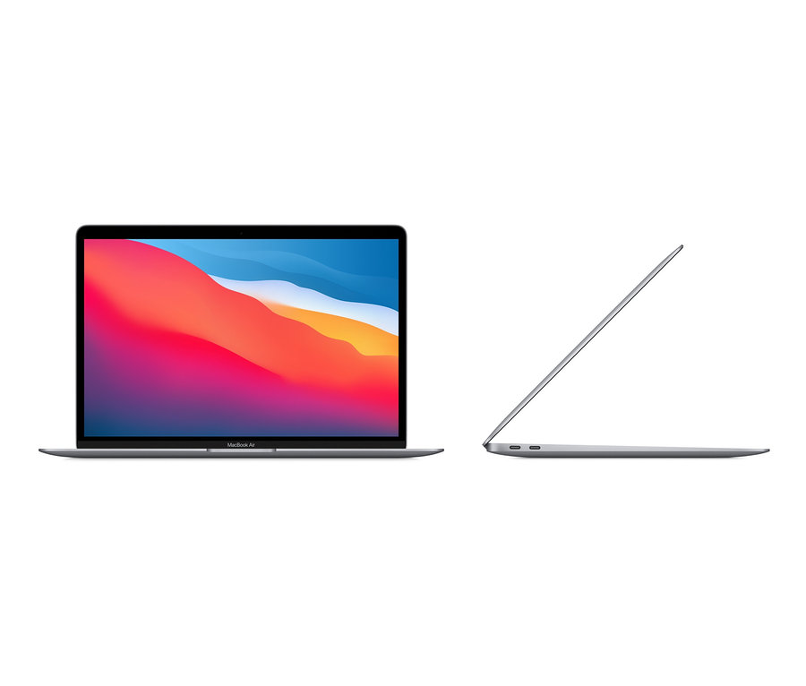 Zwei Ansichten eines grauen Apple MacBook Air Retina 13" (2020) mit M1 Chip.