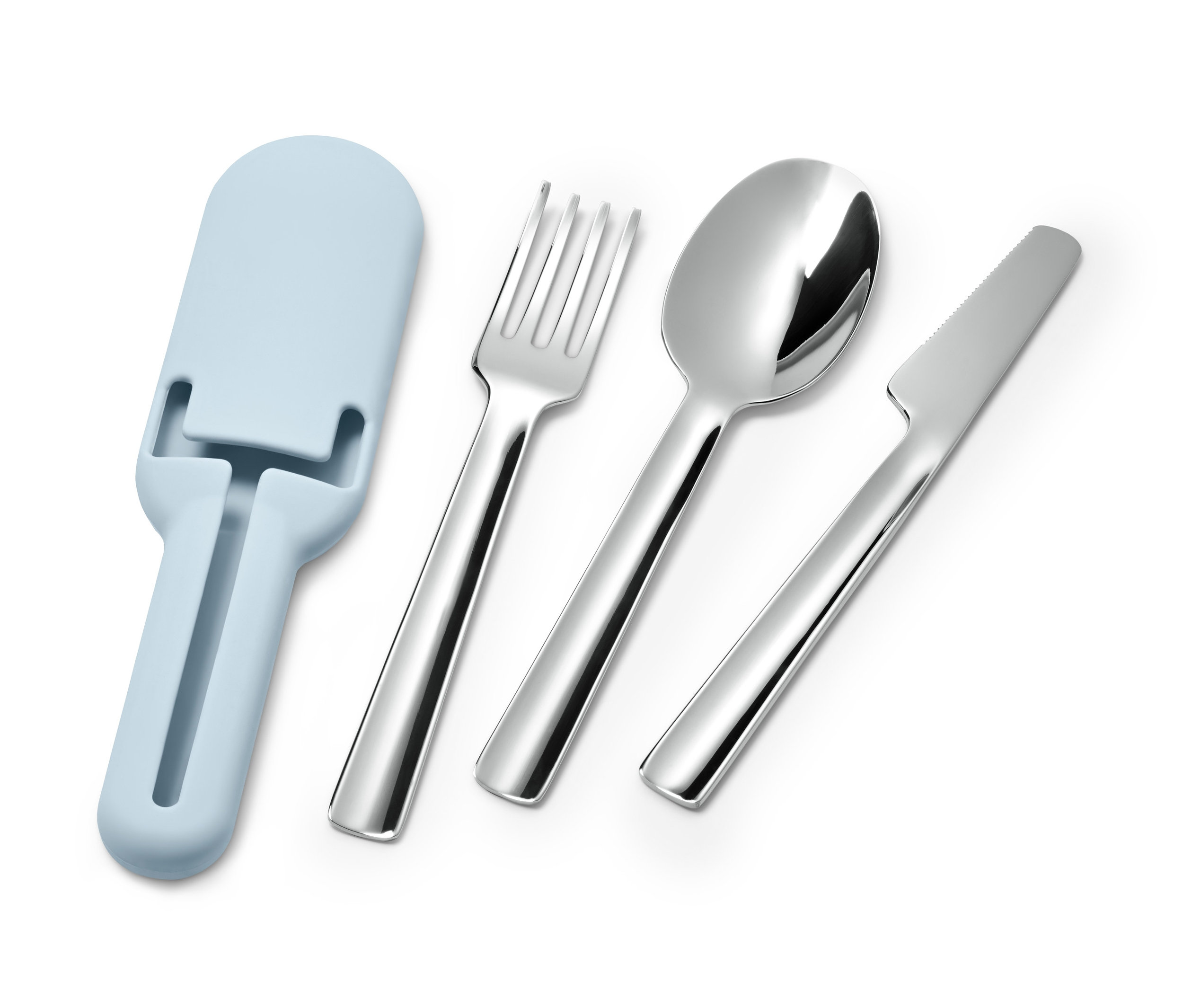 To-go-Besteck mit Gabel, Löffel, Messer und hellblauem Etui.