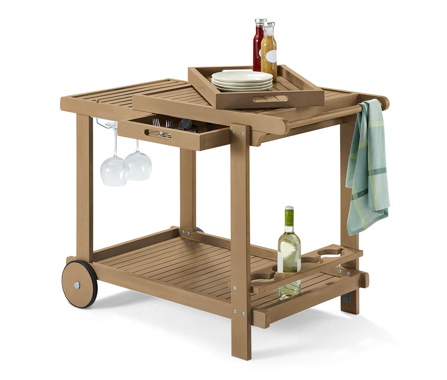 Grillwagen »Lenja« mit 2 Tabletts mit Tellern, Gläsern, Flaschen und Geschirrtuch.