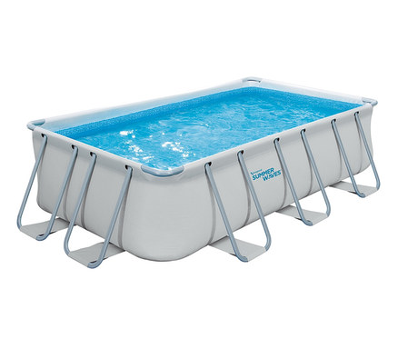 Summer Waves Elite-Frame-Pool, ca. 400 x 200 x 100 cm, gefüllt mit blauem Wasser.