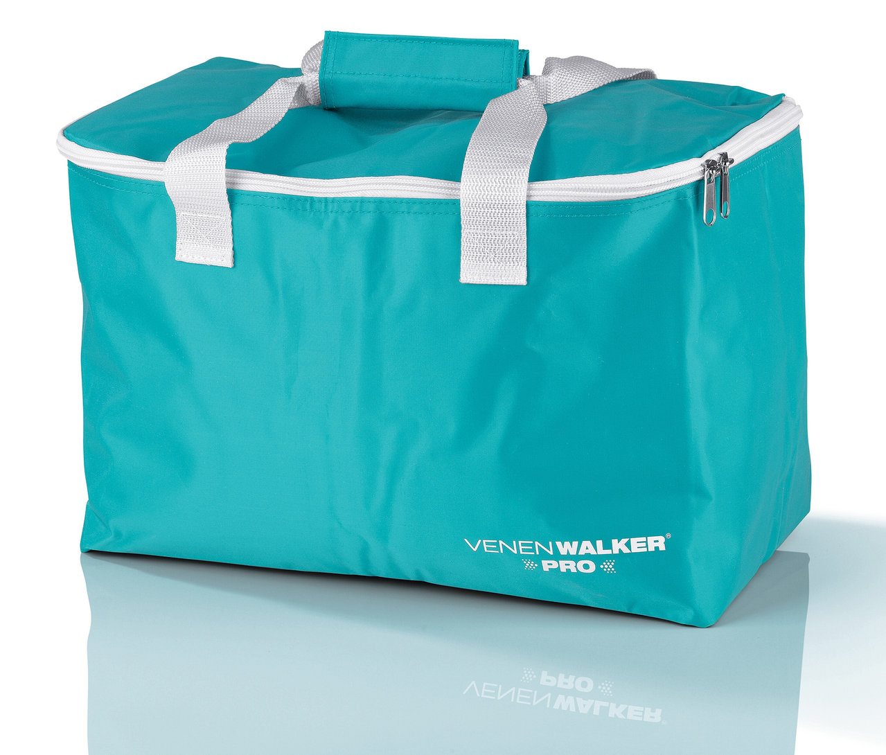 Blaue "VenenWalker Pro2" Tasche mit weißem Reißverschluss und Griffen.