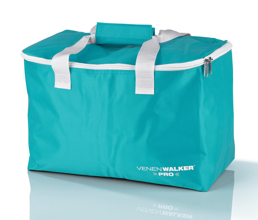 Blaue "VenenWalker Pro2" Tasche mit weißem Reißverschluss und Griffen.