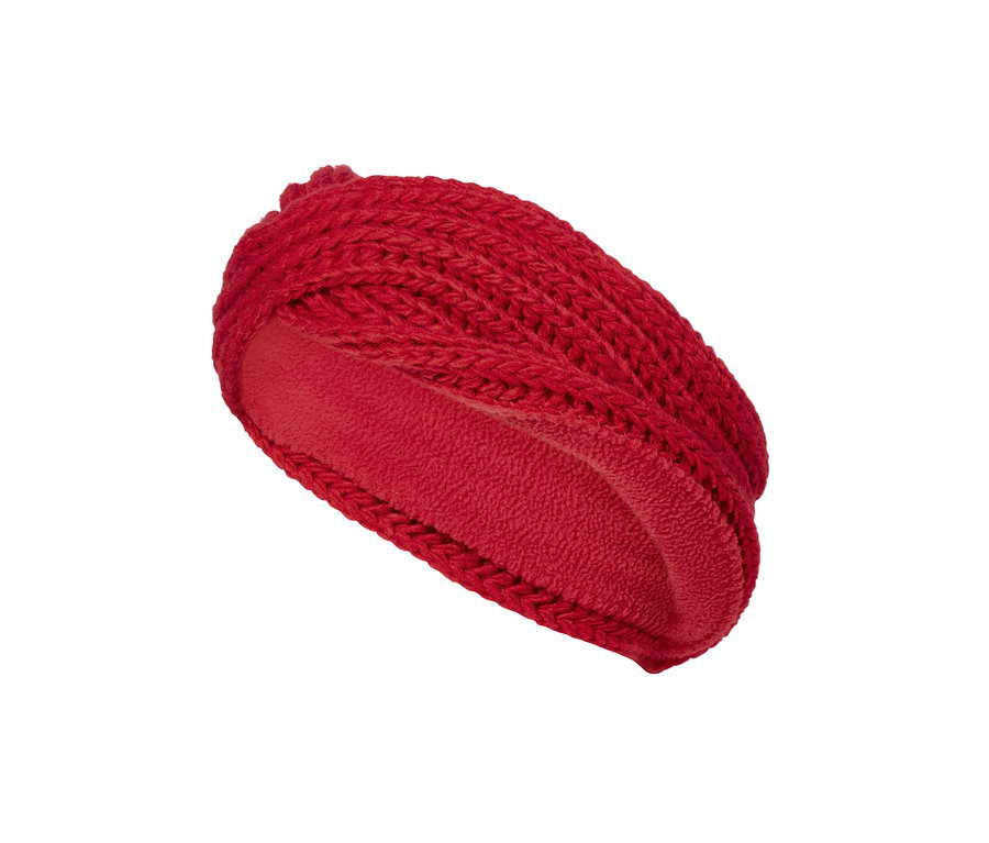 Rotes Strickstirnband.