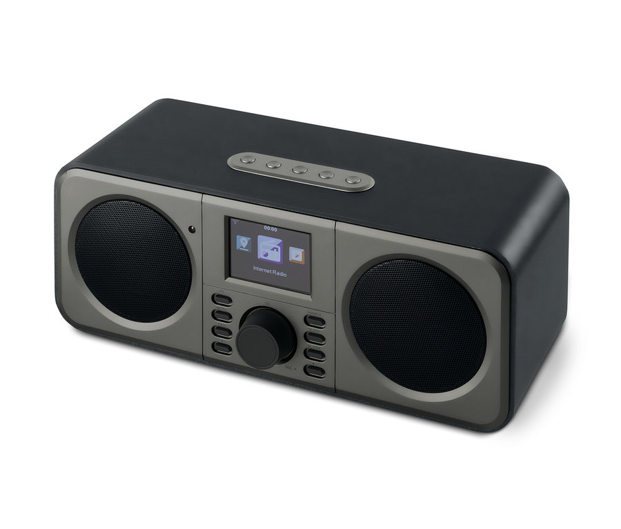 Schwarzes WLAN-Internetradio mit Farbdisplay.
