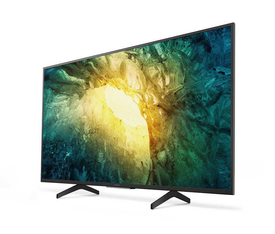 Ein schwarzer Sony-Bravia-4K-UHD-Smart-TV steht vor einem weißen Hintergrund.