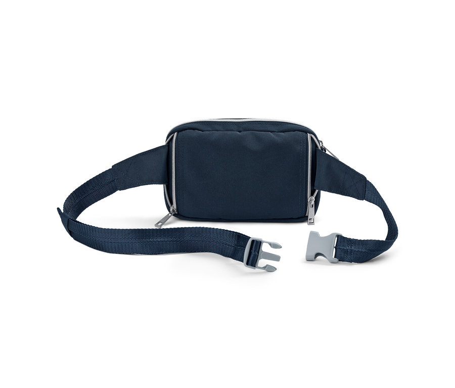Eine blau-graue Sicherheits-Gürtel- und Umhängetasche mit silbernen Reißverschlüssen und einem grauen Verschluss.