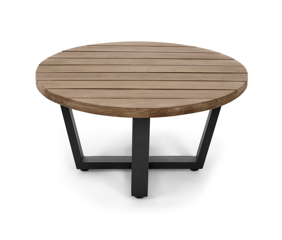 Runder Couchtisch mit heller Holzplatte und vier schwarzen Metallbeinen.